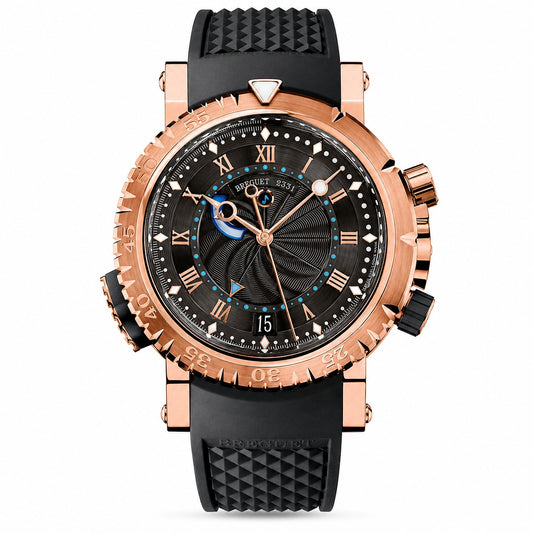 A luxury wristwatch with a rose gold case, black textured dial, Roman numeral hour markers, and a black textured silicone strap.