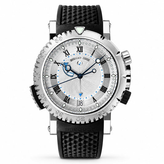 Breguet Marine wristwatch with a silver Roman numeral dial, blue hands, date display, silver-tone case, and black textured strap.