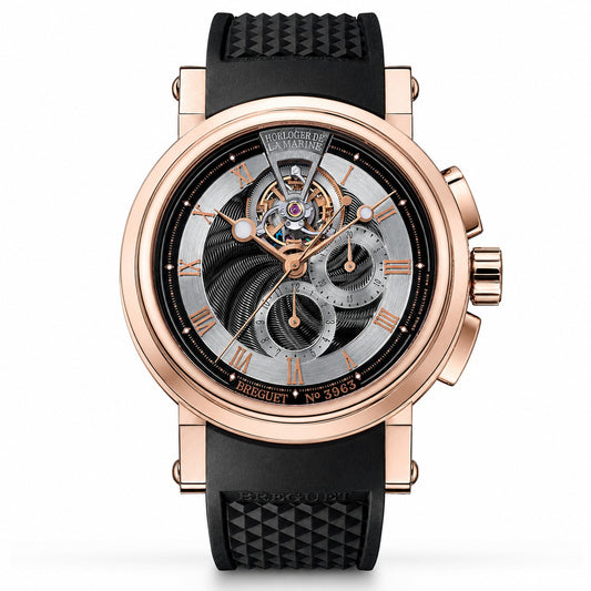 A Breguet automatic skeleton watch with a rose gold case, black textured strap, and a detailed black and silver dial showing the inner mechanical movement.