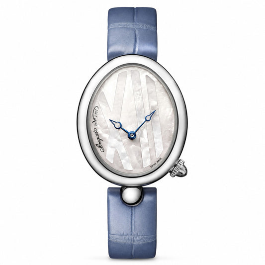 A luxury oval watch featuring a white mother-of-pearl dial with Roman numeral hour markers, a polished silver-tone case, and a textured blue leather strap.