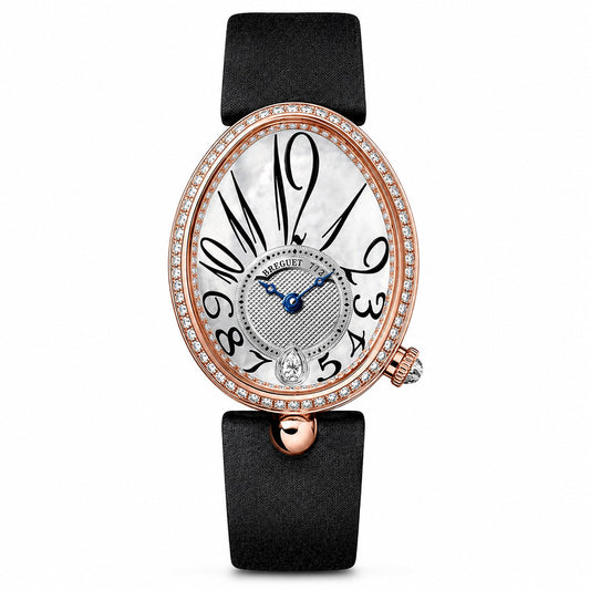 A luxury oval wristwatch with a black leather strap, a rose gold case encrusted with small diamonds, and a white mother-of-pearl dial featuring black Arabic numerals and a blue center hand.