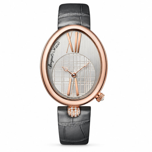 A luxury oval wristwatch featuring a rose gold case, a silver and white checkered dial with Roman numeral hour markers, and a dark gray alligator leather strap.