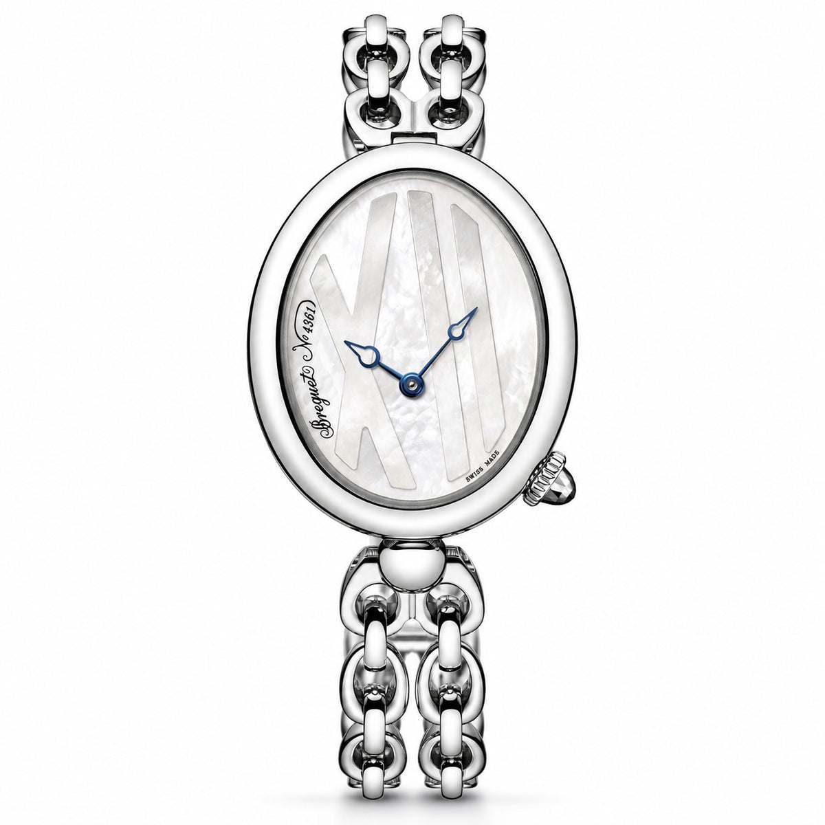 A silver-tone watch with an oval mother-of-pearl dial featuring Roman numeral hour markers and blue hands, paired with a matching chain bracelet .