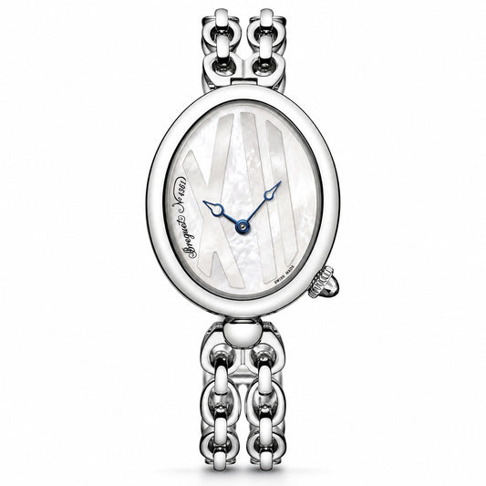 A silver-tone watch with an oval mother-of-pearl dial featuring Roman numeral hour markers and blue hands, paired with a matching chain bracelet .
