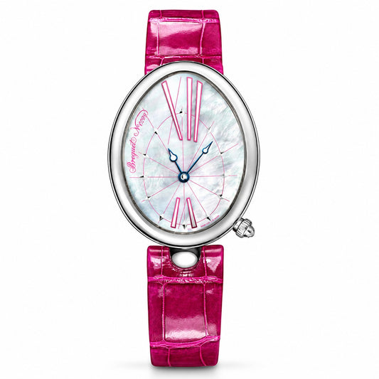 An elegant oval wristwatch featuring a vibrant magenta pink alligator leather strap, a silver-toned case, and a white mother-of-pearl dial with pink Roman numerals and hands.