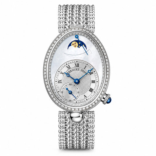 A luxury women's watch featuring an oval silver-tone case encrusted with diamonds, a mother-of-pearl dial with Roman numerals, blue hands, a moonphase indicator, and a matching diamond-encrusted multi-strand bracelet.