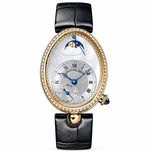 A luxury watch with an oval mother-of-pearl dial, gold-tone case, diamond-set bezel, black leather strap, and a moonphase indicator at the top.