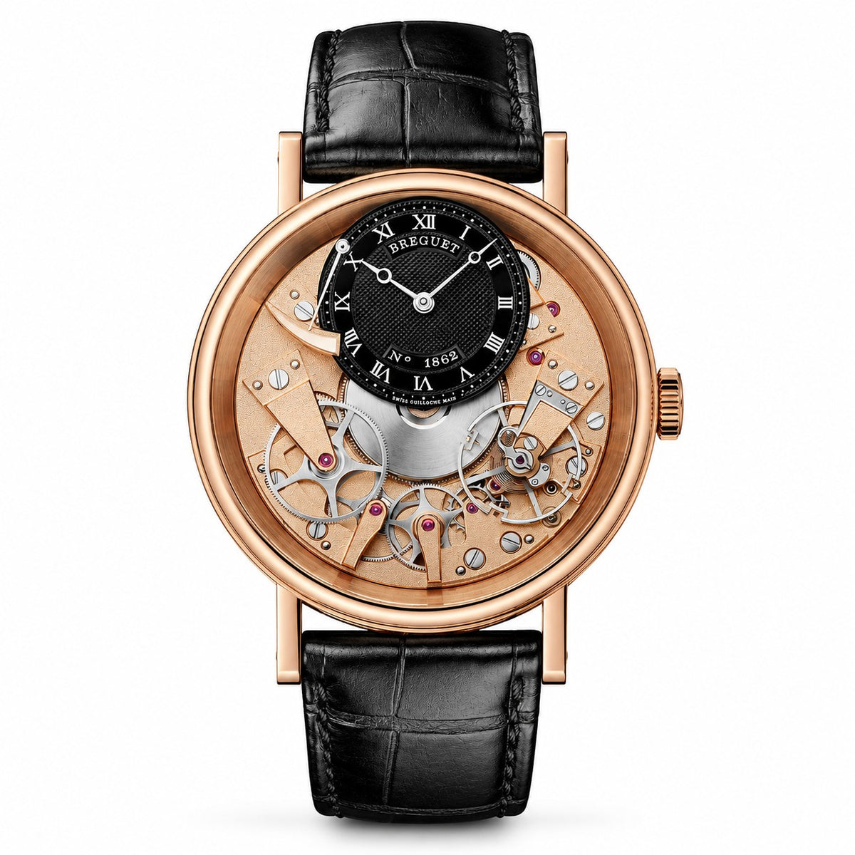 A luxury wristwatch by Breguet, featuring a round rose gold case, a skeleton dial that reveals the intricate mechanical movement, and a black alligator leather strap.