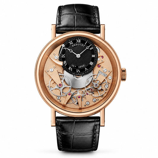 A luxury wristwatch by Breguet, featuring a round rose gold case, a skeleton dial that reveals the intricate mechanical movement, and a black alligator leather strap.