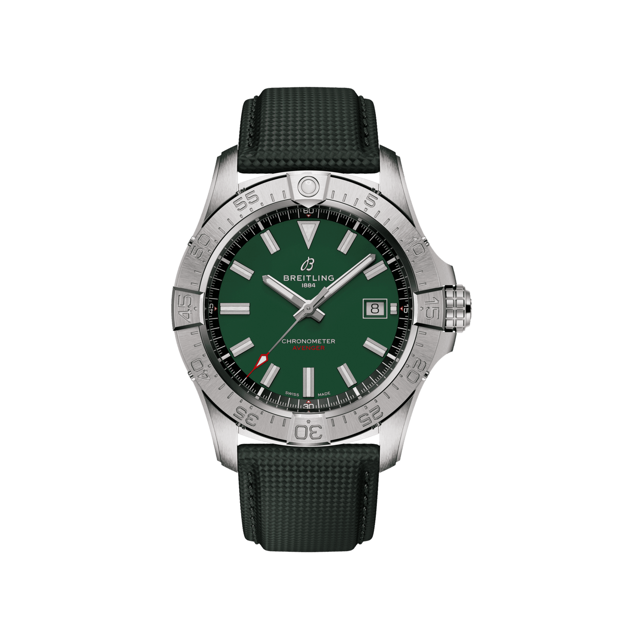 Breitling Avenger wristwatch with a green dial, silver tone bezel, date display and dark green strap.