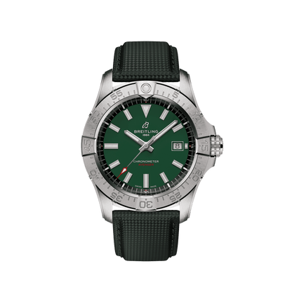 Breitling Avenger wristwatch with a green dial, silver tone bezel, date display and dark green strap.