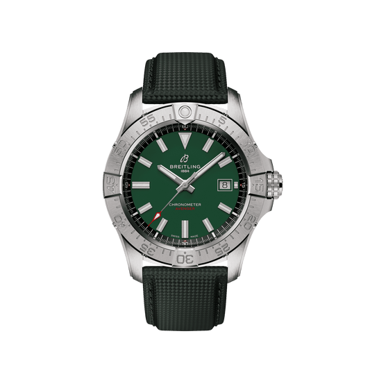 Breitling Avenger wristwatch with a green dial, silver tone bezel, date display and dark green strap.