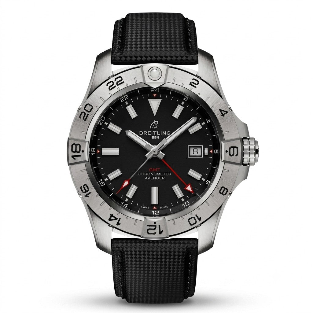 Breitling Avenger Automatic GMT men's watch with a stainless steel case, black dial featuring silver baton markers, 24-hour bezel, date window, and a black textile strap.