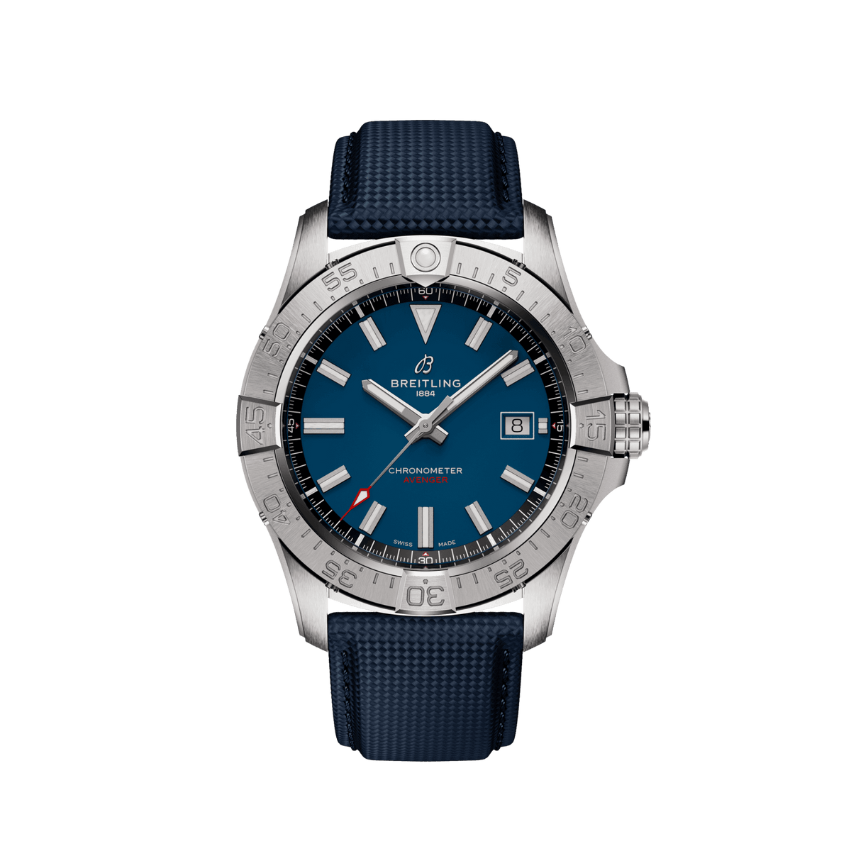 Breitling Avenger GMT watch with a blue dial, red GMT hand, date display, numbered silver tone bezel and textured dark blue strap.