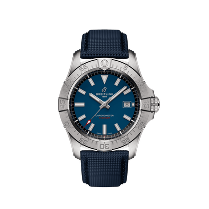 Breitling Avenger GMT watch with a blue dial, red GMT hand, date display, numbered silver tone bezel and textured dark blue strap.