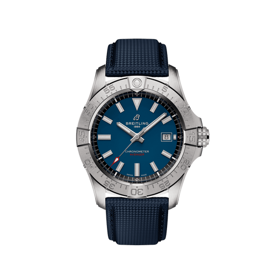 Breitling Avenger GMT watch with a blue dial, red GMT hand, date display, numbered silver tone bezel and textured dark blue strap.