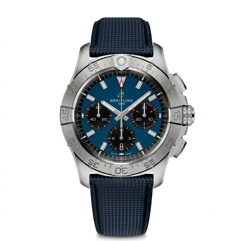 Breitling watch with a blue dial, silver stainless-steel case, and a dark blue textile strap.