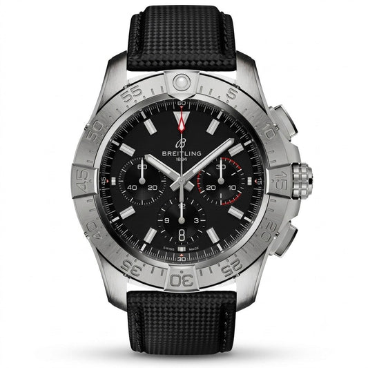 A Breitling watch with a black dial, silver-tone stainless steel case, and a black textile strap.