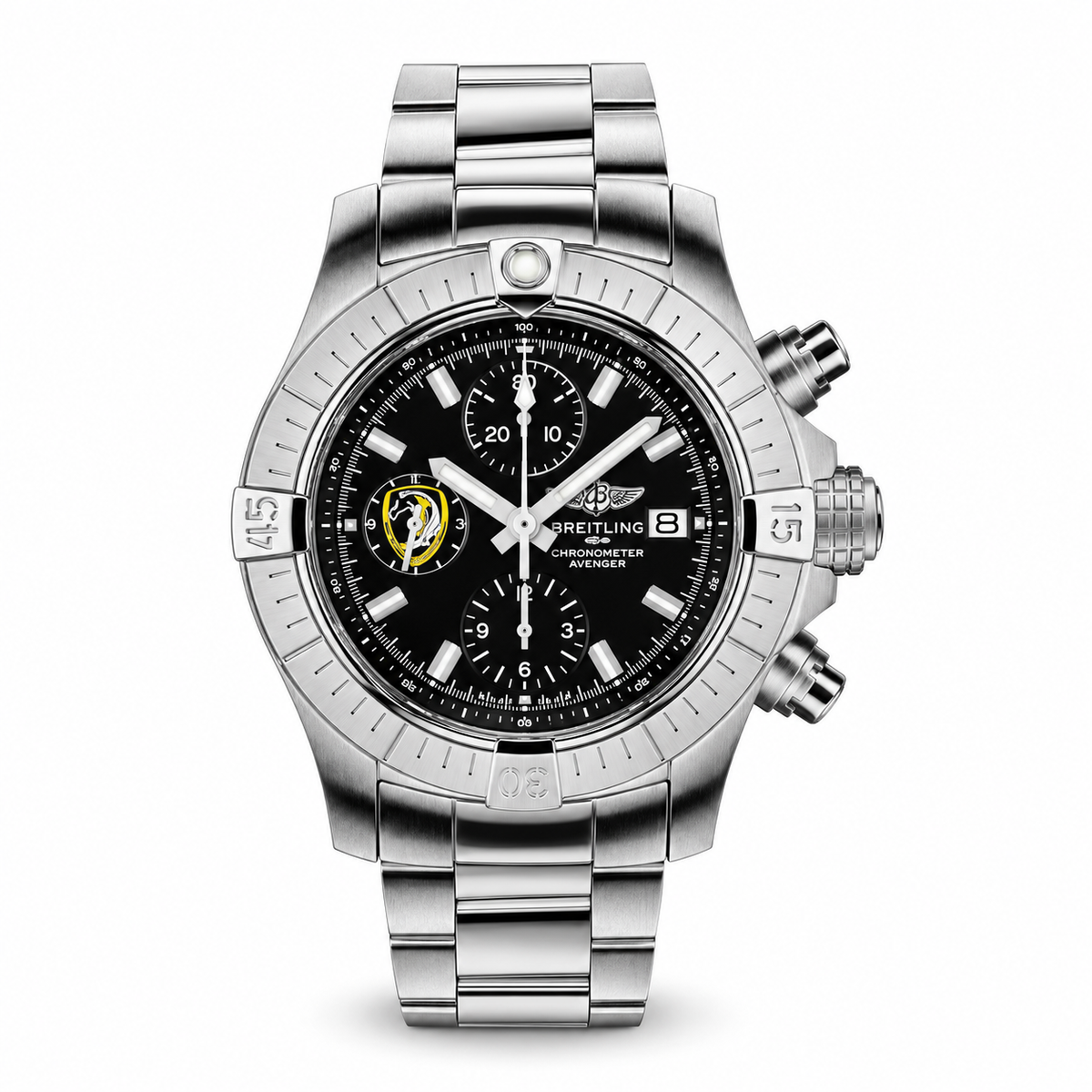 Breitling Avenger chronograph with a black dial, three subdials, yellow emblem, date window, silver tone bezel and matching metal bracelet.