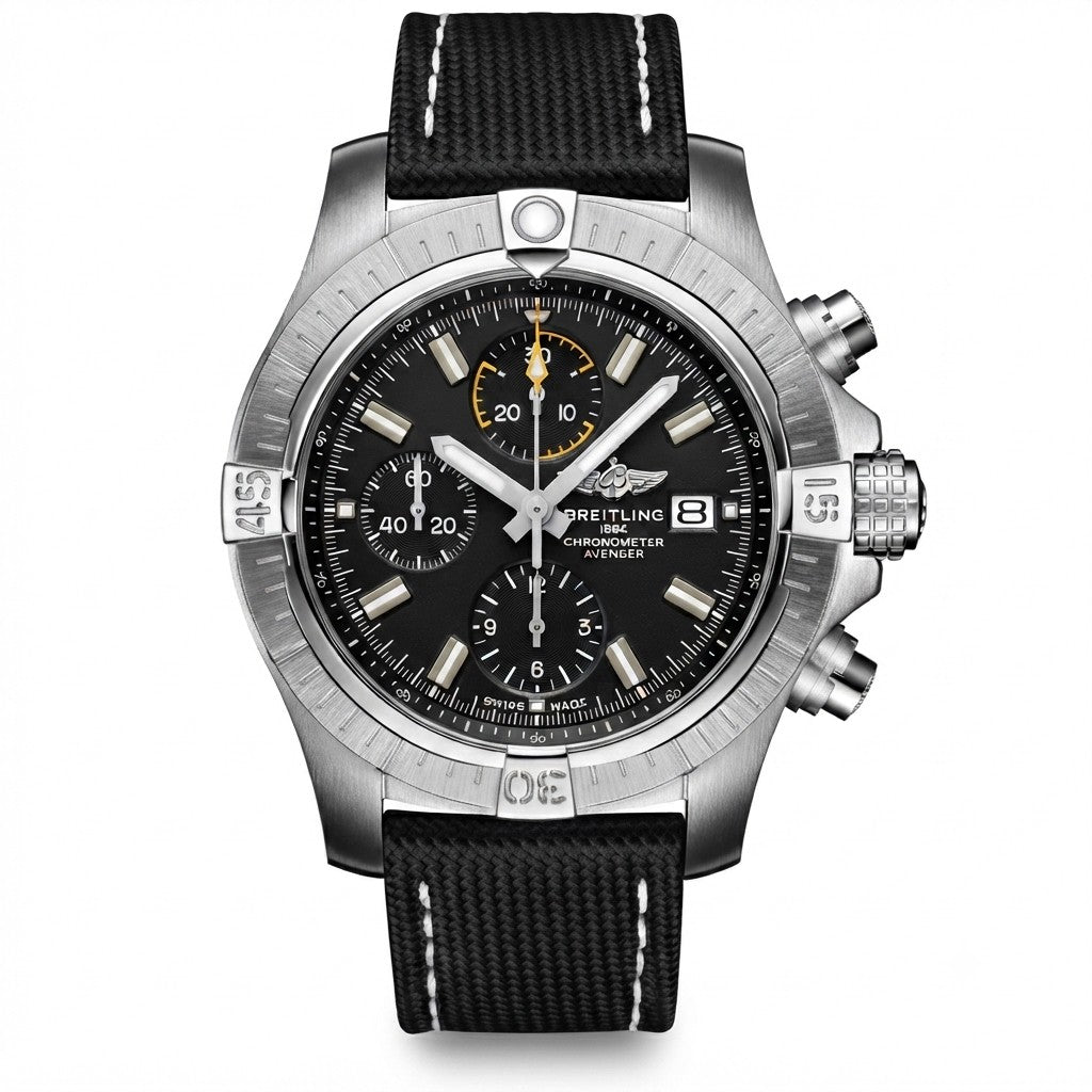 Breitling Avenger Chronograph men's watch with a stainless steel case, black dial featuring silver baton markers, yellow-accented sub-dials, date window, and a black textile strap.