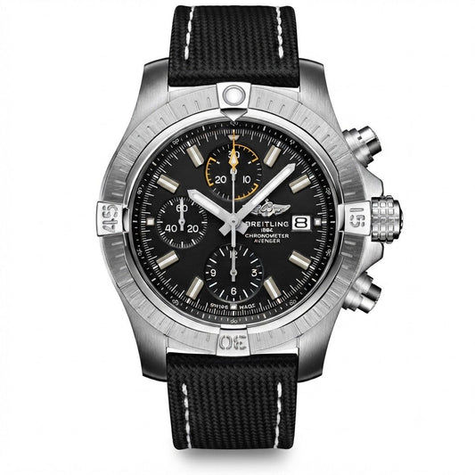 Breitling Avenger Chronograph men's watch with a stainless steel case, black dial featuring silver baton markers, yellow-accented sub-dials, date window, and a black textile strap.