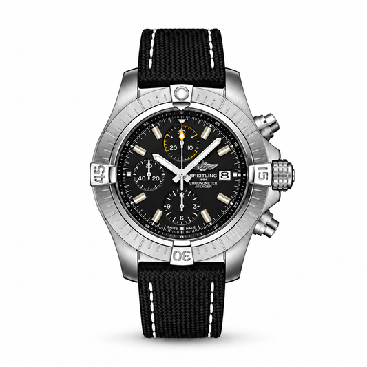 Breitling Avenger Chronograph men's watch with a stainless steel case, black dial featuring silver baton markers, yellow-accented sub-dials, date window, and a black textile strap.