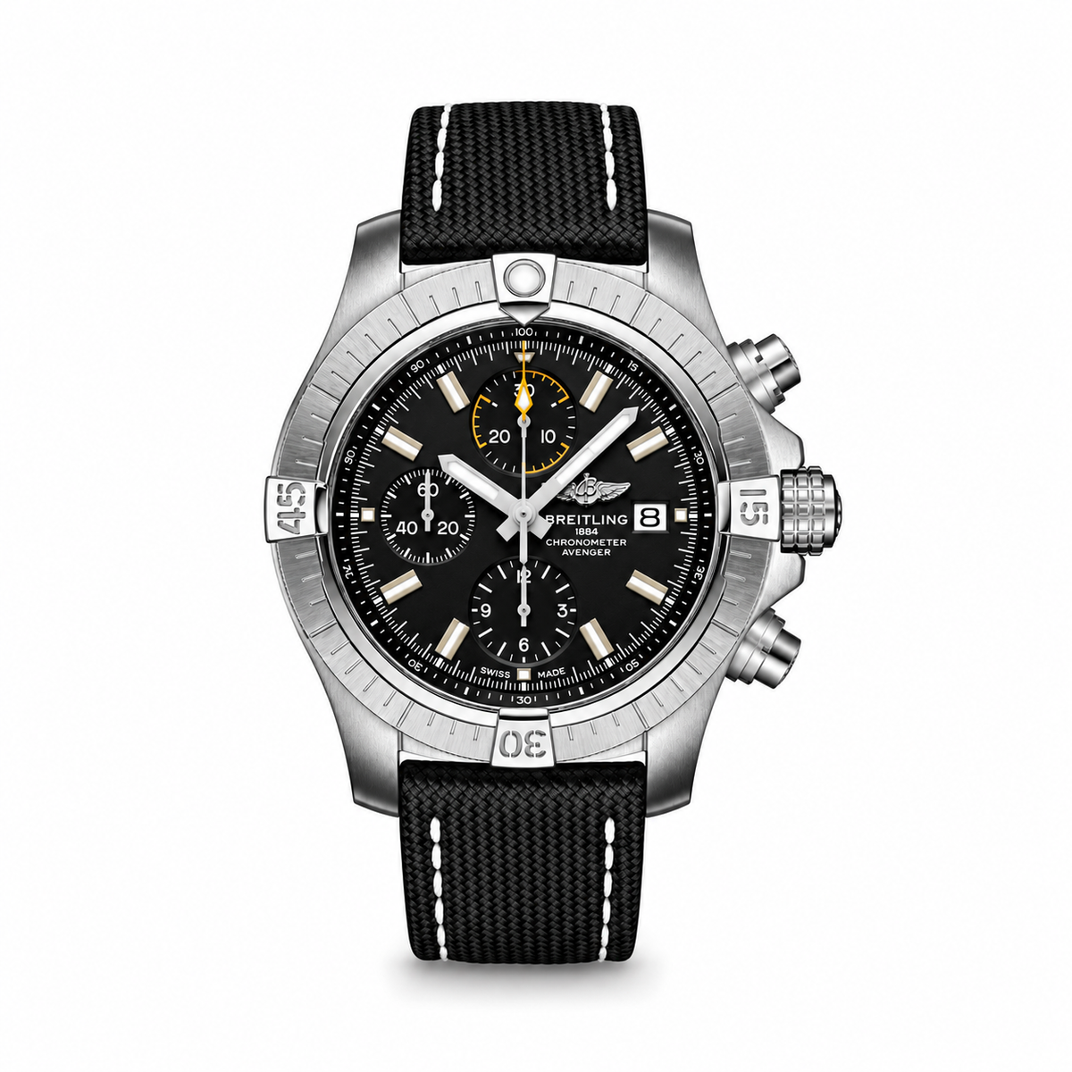 Breitling Avenger Chronograph men's watch with a stainless steel case, black dial featuring silver baton markers, yellow-accented sub-dials, date window, and a black textile strap.