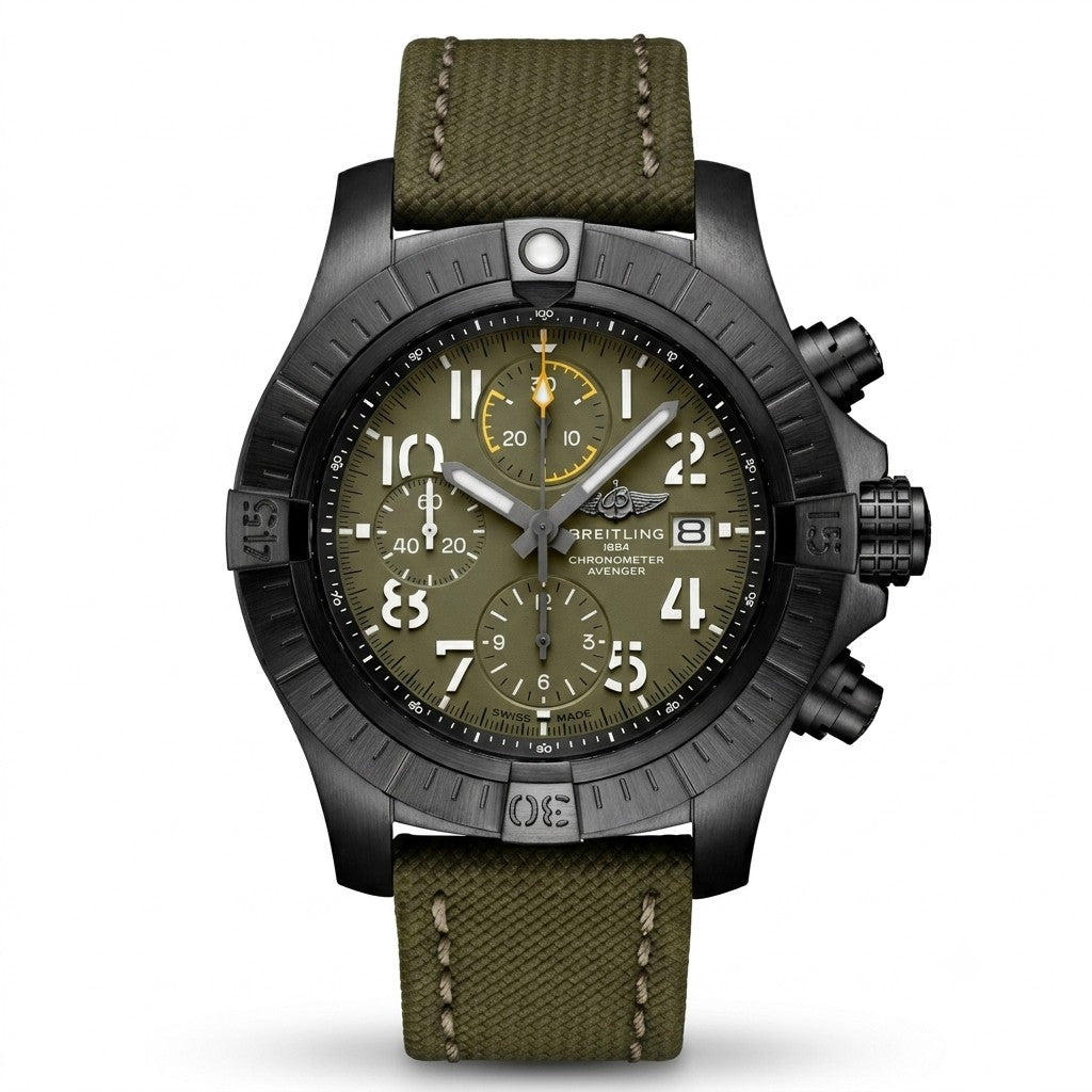 Breitling Avenger Chronograph men's watch with a black titanium case, green dial featuring white Arabic numerals, date window, and a green textile strap.