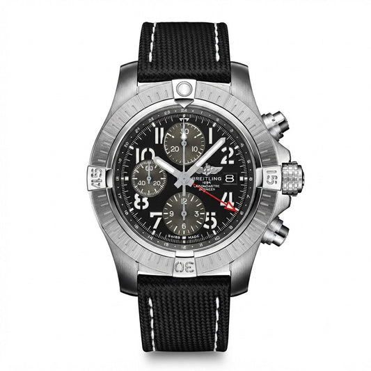 Breitling Avenger Chronograph GMT men's watch with a stainless steel case, black dial featuring white Arabic numerals, date window, red-tipped GMT hand, and a black textile strap."