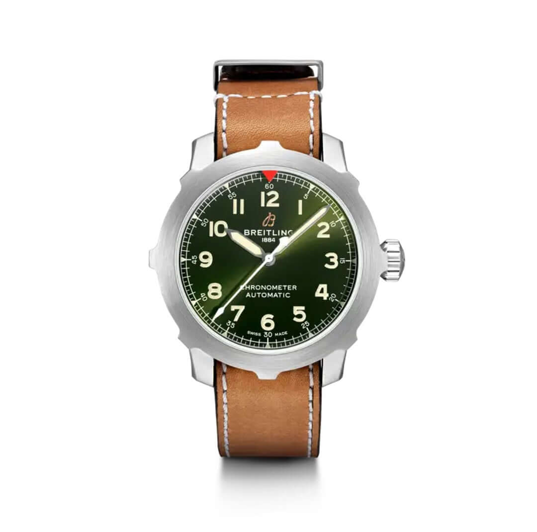 Breitling Chronometer Automatic watch with a stainless steel case, green dial, white numerals, luminous hands, and a brown leather strap with white stitching.