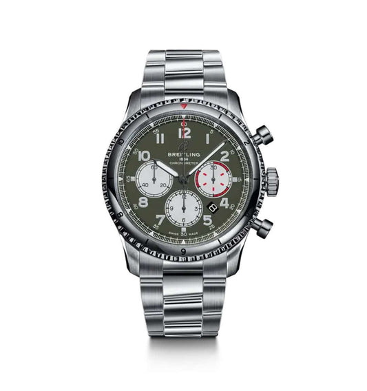 A Breitling chronograph watch with a silver stainless steel link bracelet, a dark olive green dial, and white sub-dials with red accents.