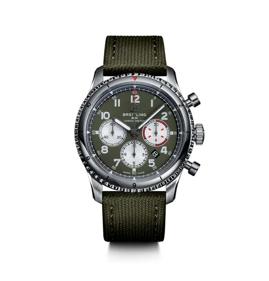 A Breitling chronograph watch with an olive green dial and matching green fabric strap, featuring a silver-tone stainless steel case and white subdials.