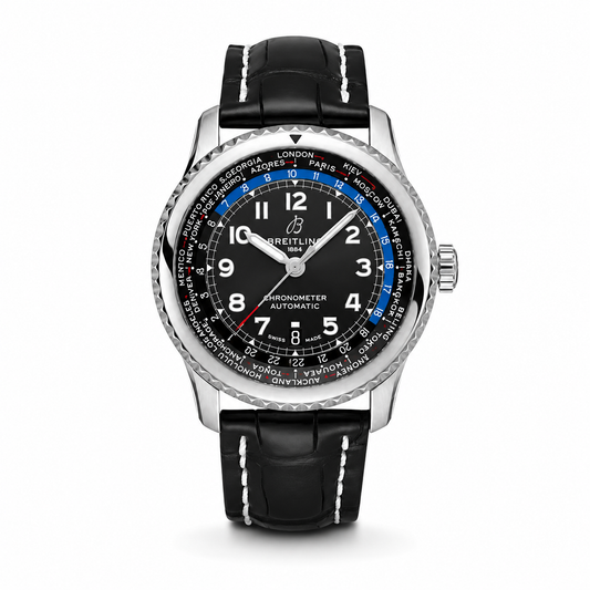 Breitling Chronometer Automatic men's watch with a stainless steel case, black dial featuring white Arabic numerals, world time city ring, date window, and a black leather strap with white stitching.