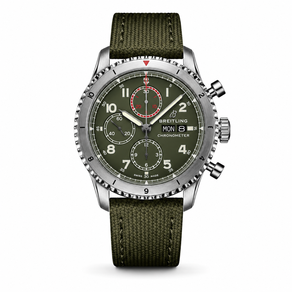 Breitling Chronometer stainless steel chronograph watch featuring a green dial with three subdials, day-date display, red accents, and green text tile strap.