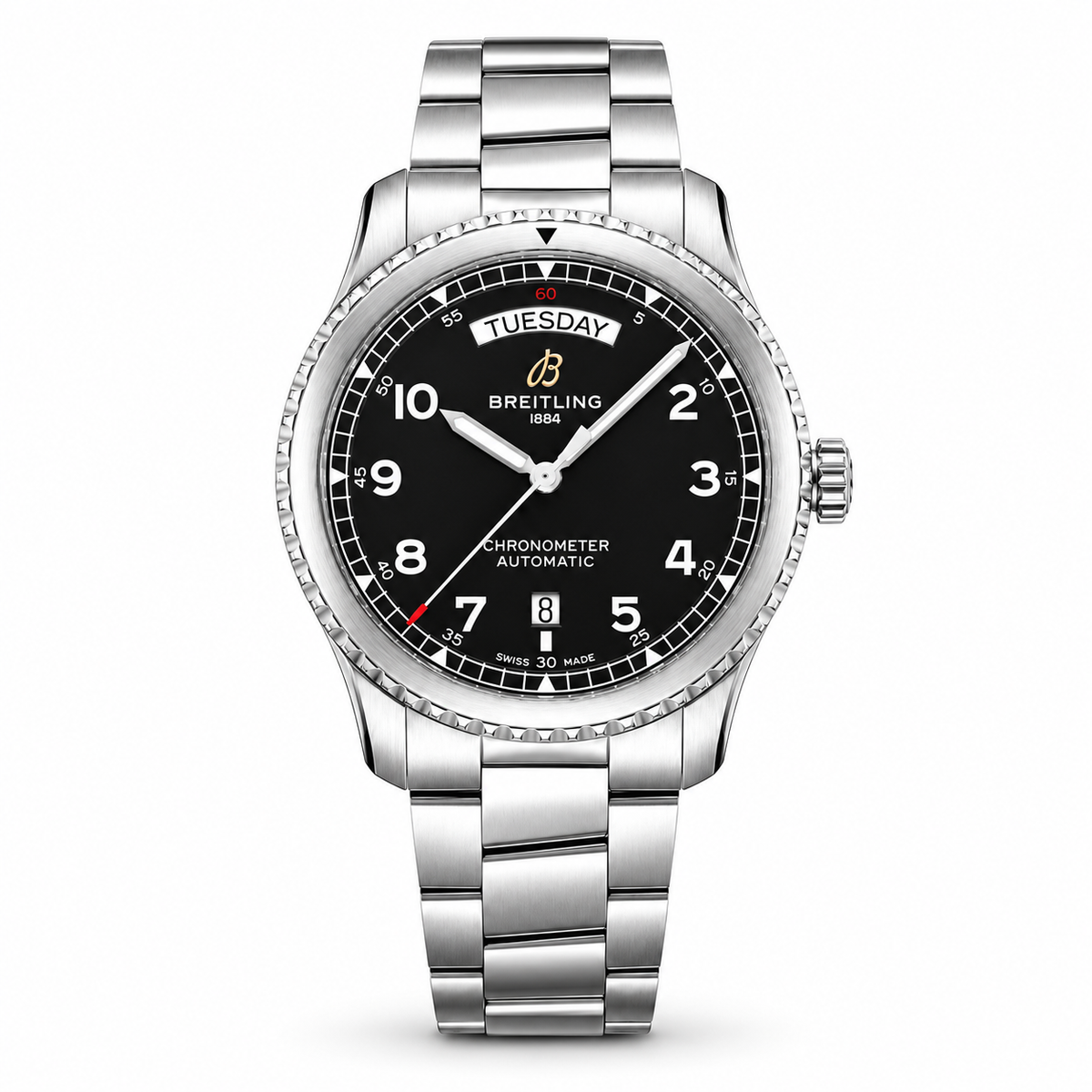 Breitling Aviator 8 Automatic men's watch with a stainless steel case and bracelet, black dial featuring white Arabic numerals, day and date window at 3 o'clock, and a red-tipped seconds hand.