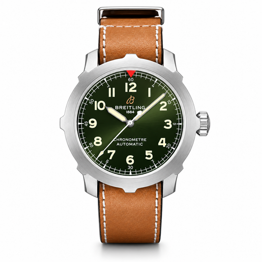 Breitling Chronometer Automatic watch with a stainless-steel case, green dial, white numerals, luminous hands, and a brown leather strap with white stitching.