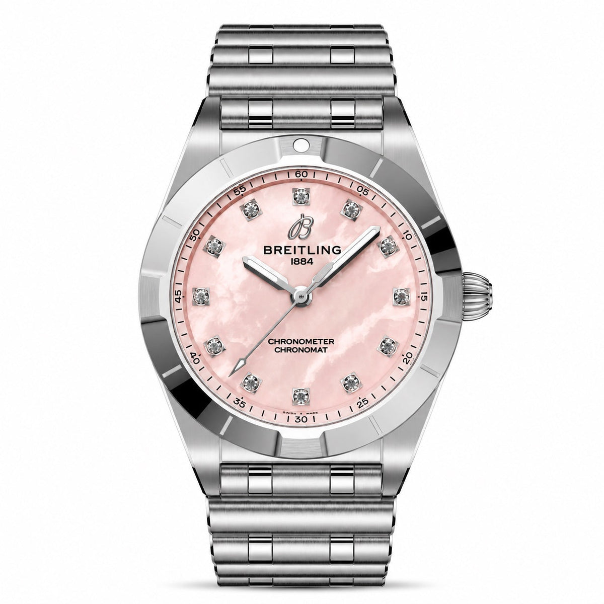 A Breitling chronometer watch with a silver stainless steel bracelet and case, featuring a pink mother-of-pearl dial with diamond hour markers.