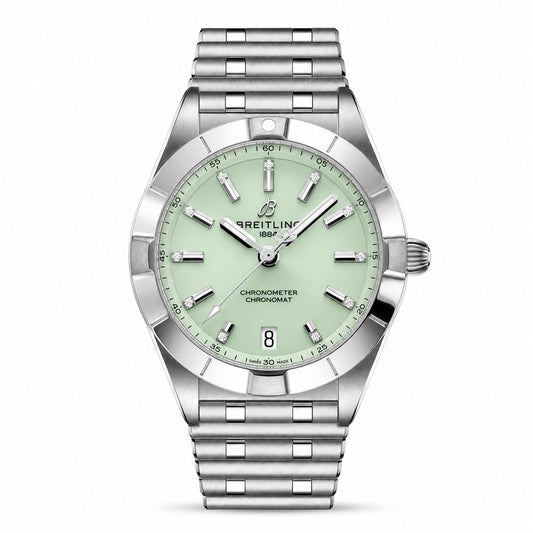 Breitling Chronomat watch with a pale green dial, silver tone bezel, date display and metal bracelet.