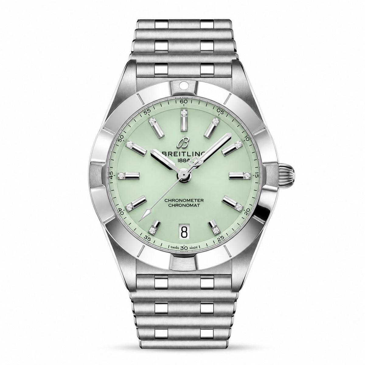 Breitling Chronomat watch with a pale green dial, silver tone bezel, date display and metal bracelet.