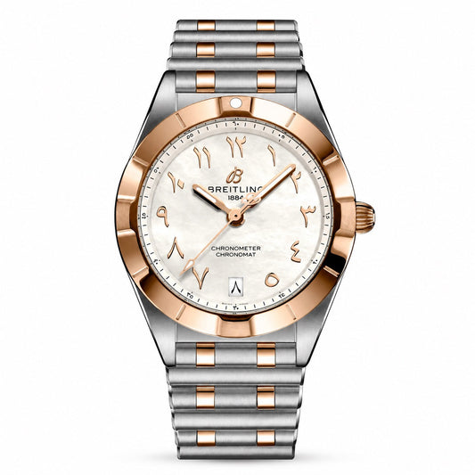 Breitling chronometer wristwatch with a two-tone silver and rose gold stainless steel bracelet, a rose gold bezel, and a white dial with Arabic numeral hour markers.