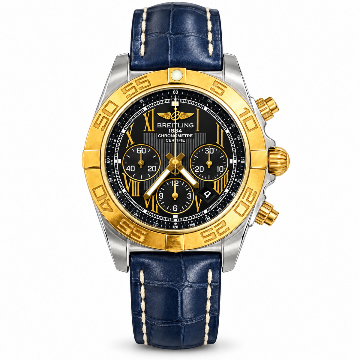 Breitling Chronomat Chronograph watch with a two-tone stainless steel and rose gold case, black dial featuring rose gold Roman numerals and sub-dials, date window, and a black rubber strap.