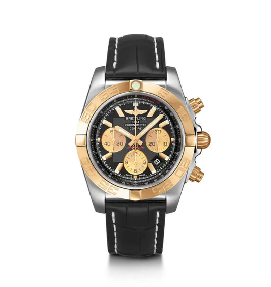 A Breitling chronograph wristwatch with a two-tone stainless steel and gold-tone case, a black dial with gold subdials, and a black leather strap with white stitching.
