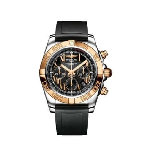 Breitling Chronomat Chronograph watch with a two-tone stainless steel and rose gold case, black dial featuring rose gold Roman numerals and sub-dials, date window, and a black rubber strap.