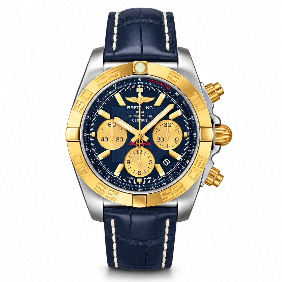 A Breitling chronograph wristwatch with a two-tone stainless steel and gold-tone case, a black dial with gold subdials, and a black leather strap with white stitching.
