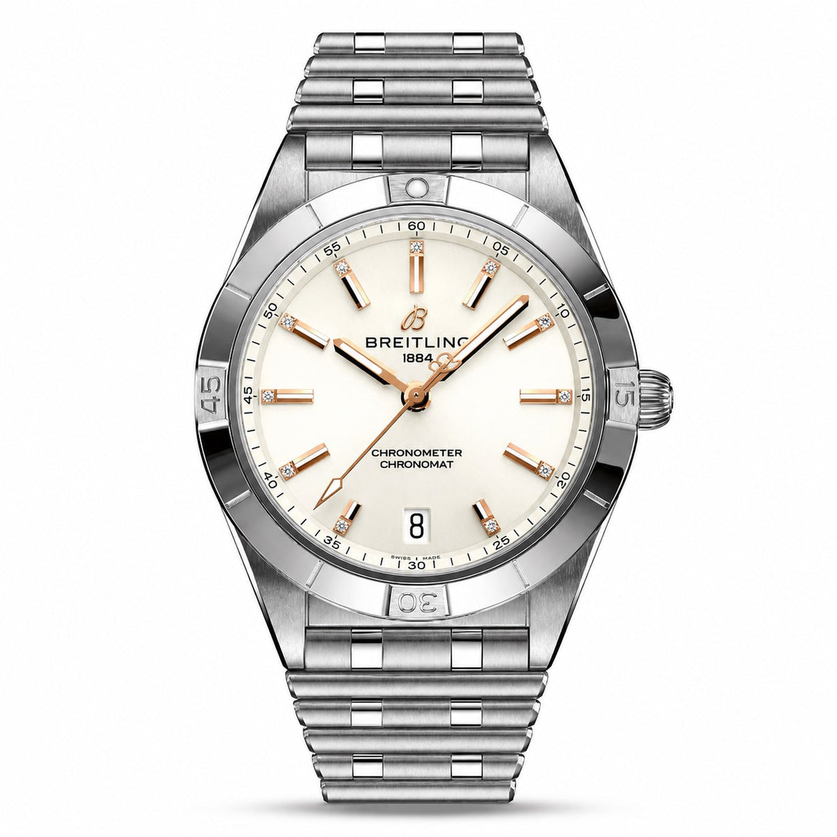 Breitling Chronomat watch with a white dial, rose gold tone hands and markers, silver tone bezel and matching metal bracelet.