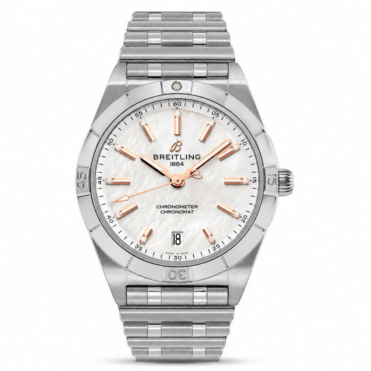Breitling chronometer watch with a silver stainless-steel case and bracelet, featuring a white mother-of-pearl dial with rose gold-tone indices and hands.