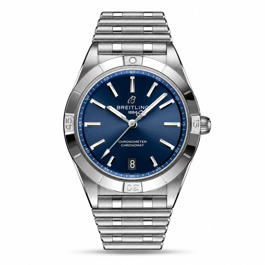 Breitling Chronomat watch with a blue dial, silver tone bezel, date display and matching metal bracelet.