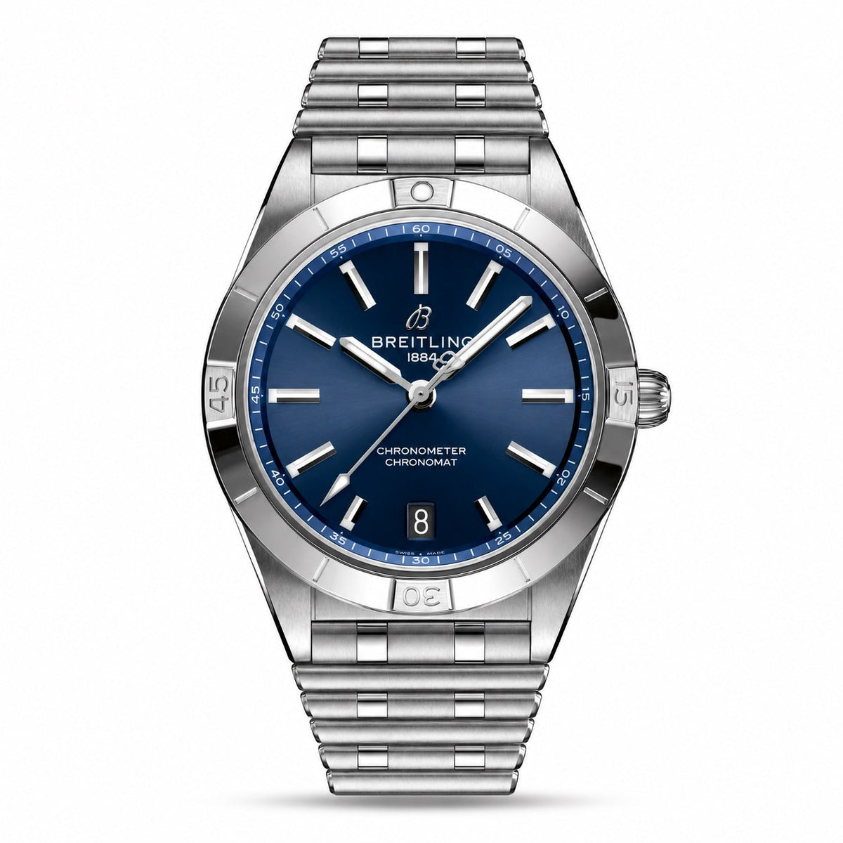 Breitling Chronomat watch with a blue dial, silver tone bezel, date display and matching metal bracelet.