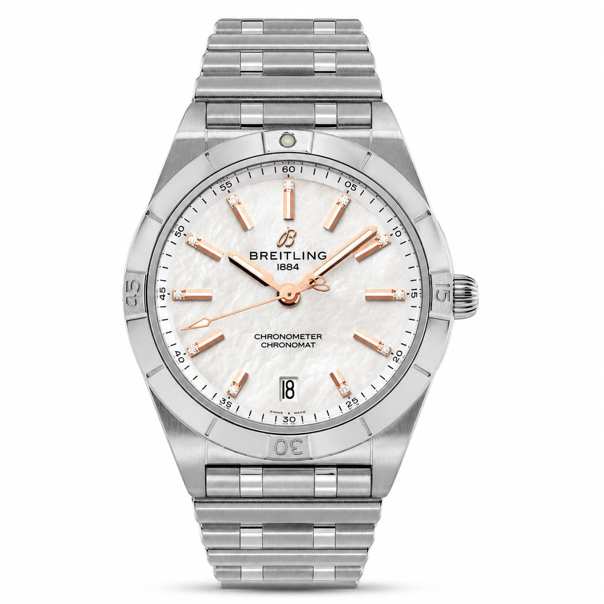 Breitling chronometer watch with a silver stainless-steel case and bracelet, featuring a white mother-of-pearl dial with rose gold-tone indices and hands.