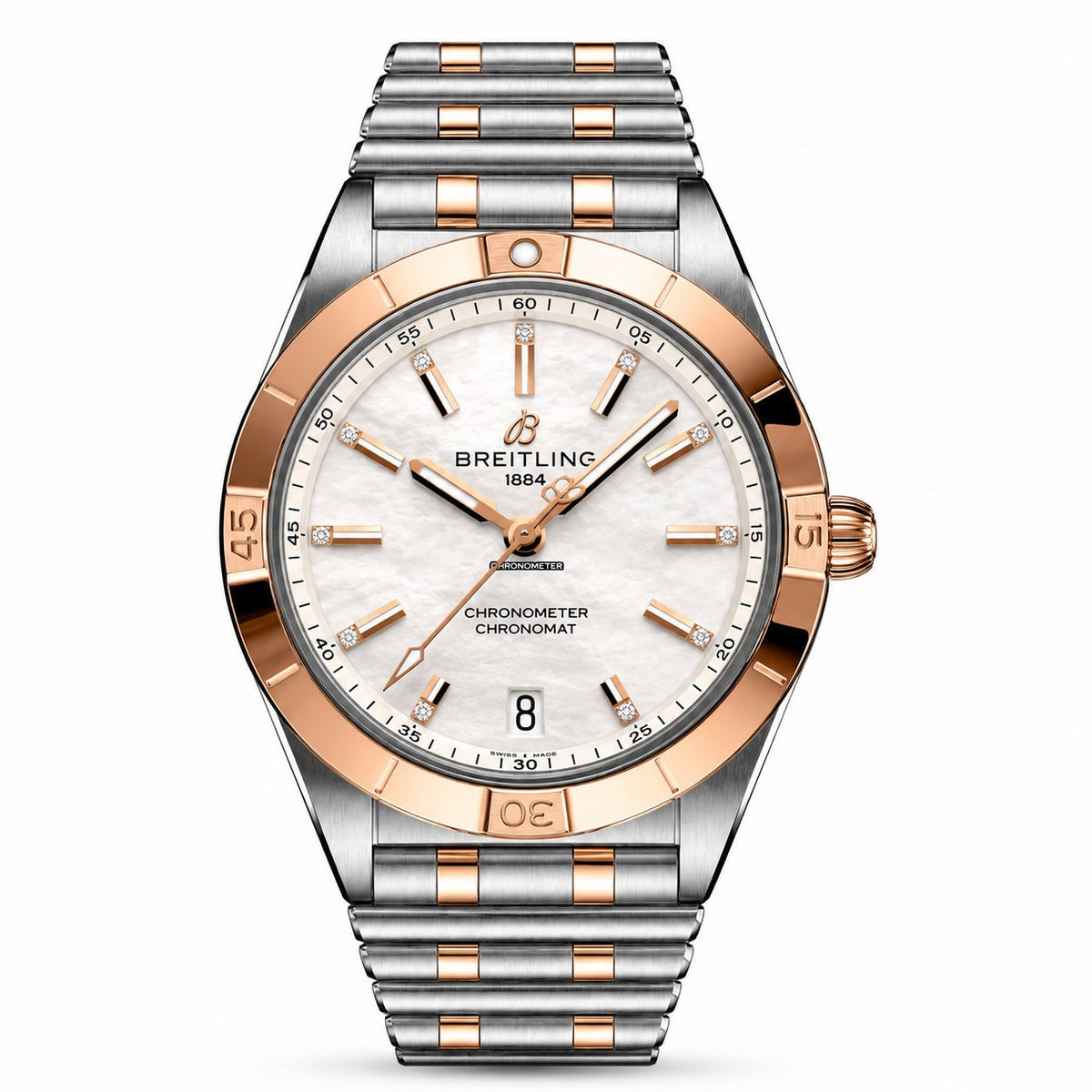Breitling chronometer wristwatch with a two-tone silver and rose gold metal bracelet and case, featuring a white dial with rose gold indices and markers.